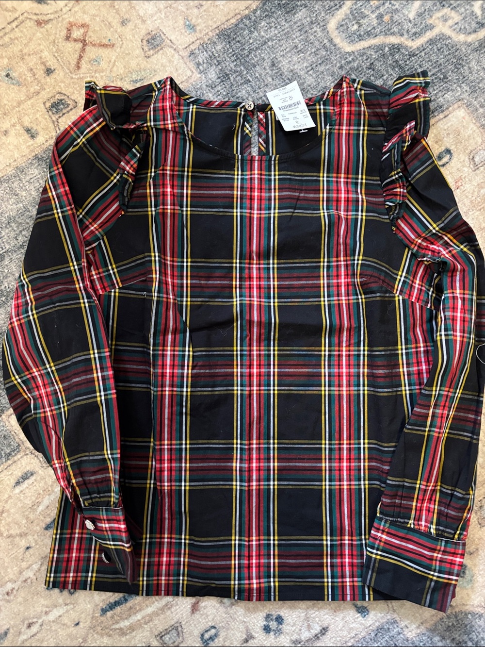 NWT. J. Crew Black Plaid Long-Sleeve Ruffle Shoulder Top, size petite small